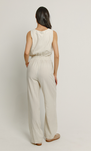 Beige Stripe Tie Front Jumpsuit