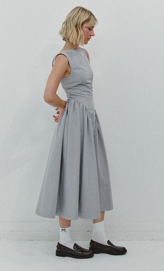 Grey Midi Dress with Gathered Waist