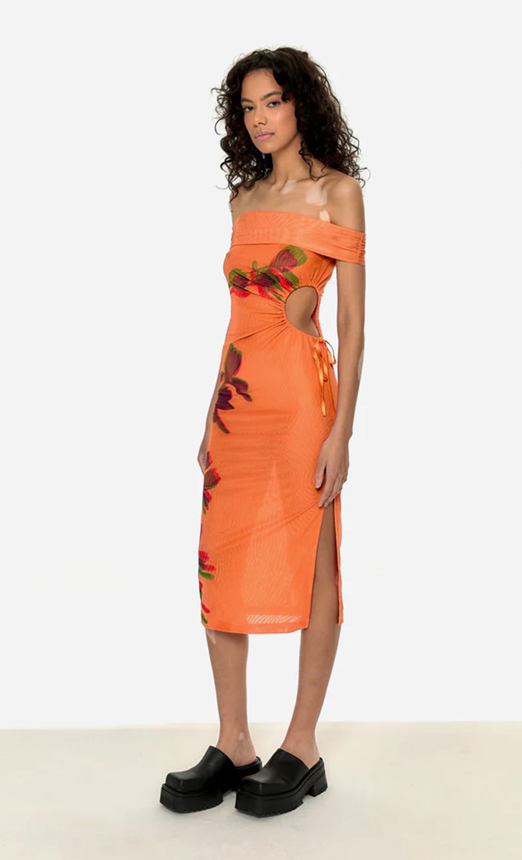 Orange bardot midi sales dress