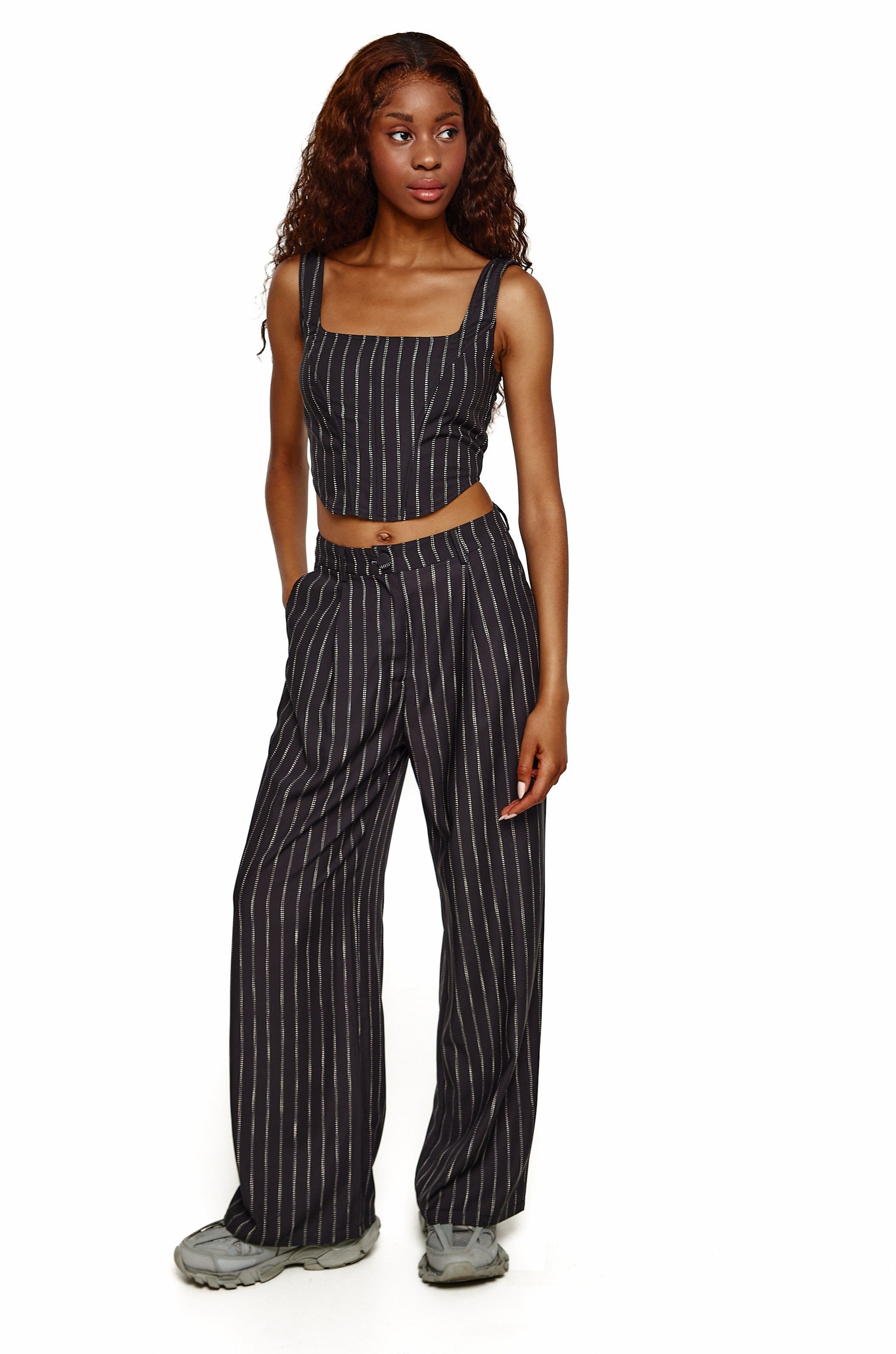 Navy pinstripe 2025 wide leg trousers